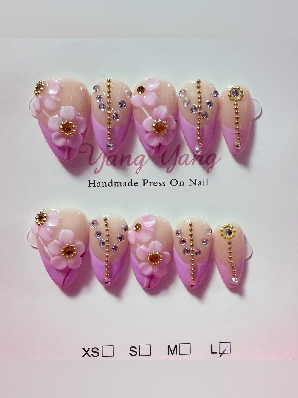 Handmade Pink Floral Press-On Nails with Gold Accents - Women Makeup